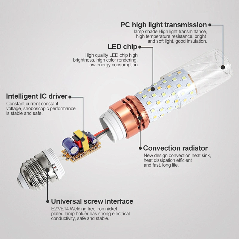 Alta luminosidad 12W 16W E27 E14 3colors aluminio LED de maíz decorbombide LED para araña